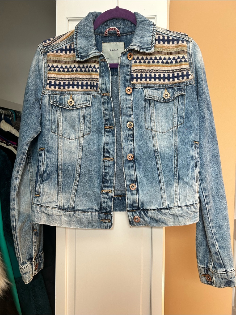 Pull&Bear Denim Jean Jacket Embroidered | Geometric Aztec Chevron Western | Med